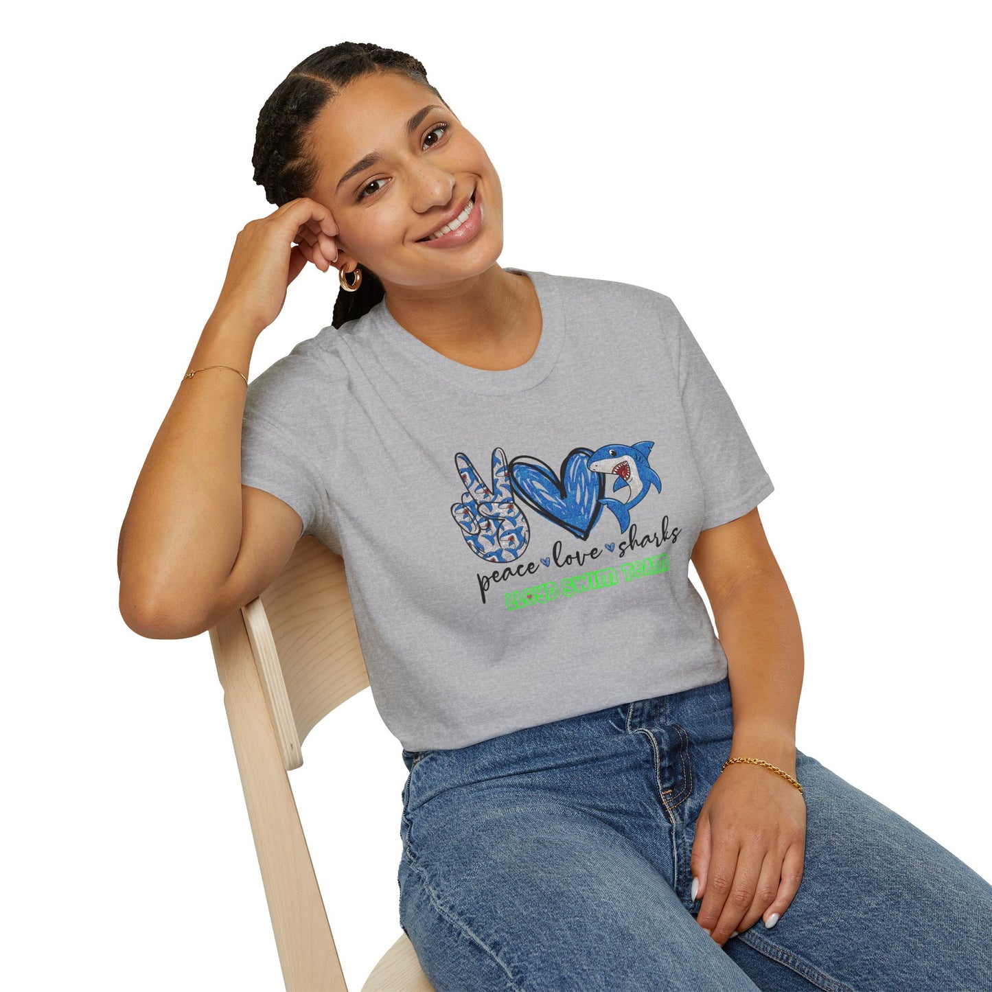 Adult Unisex T-Shirt - Peace Love Sharks - Lloyd Swim Team