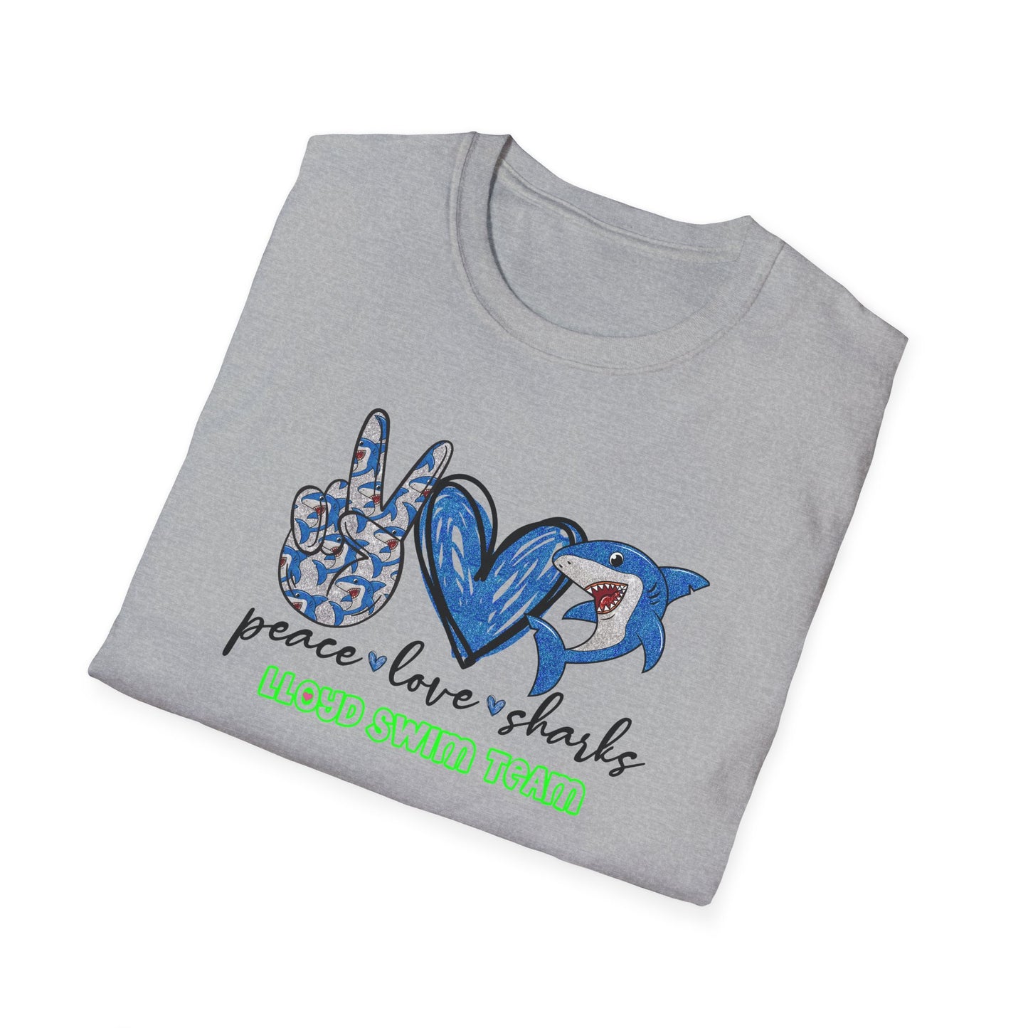 Adult Unisex T-Shirt - Peace Love Sharks - Lloyd Swim Team