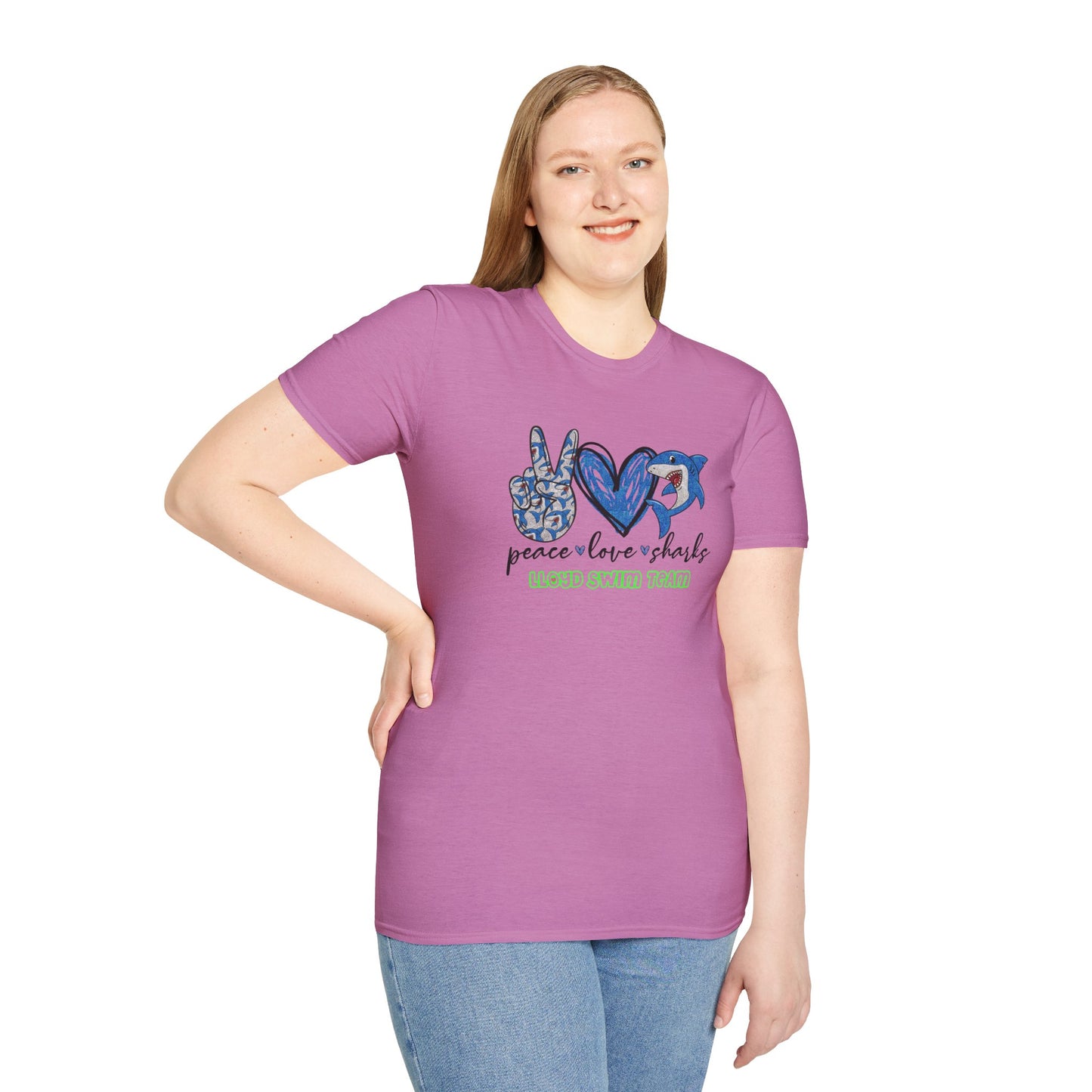 Adult Unisex T-Shirt - Peace Love Sharks - Lloyd Swim Team