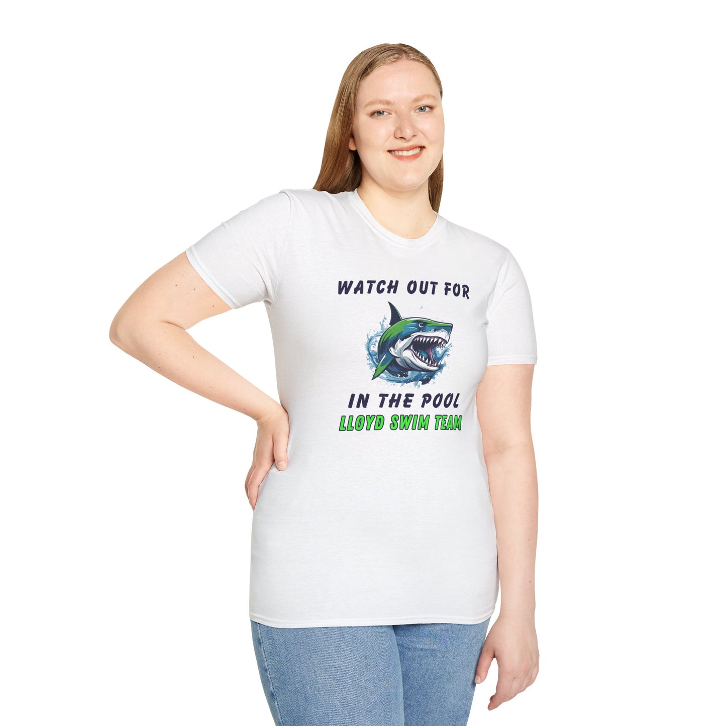 Adult Unisex T-Shirt - Watch Out For Sharks In The Pool - Lloyd Swim Team