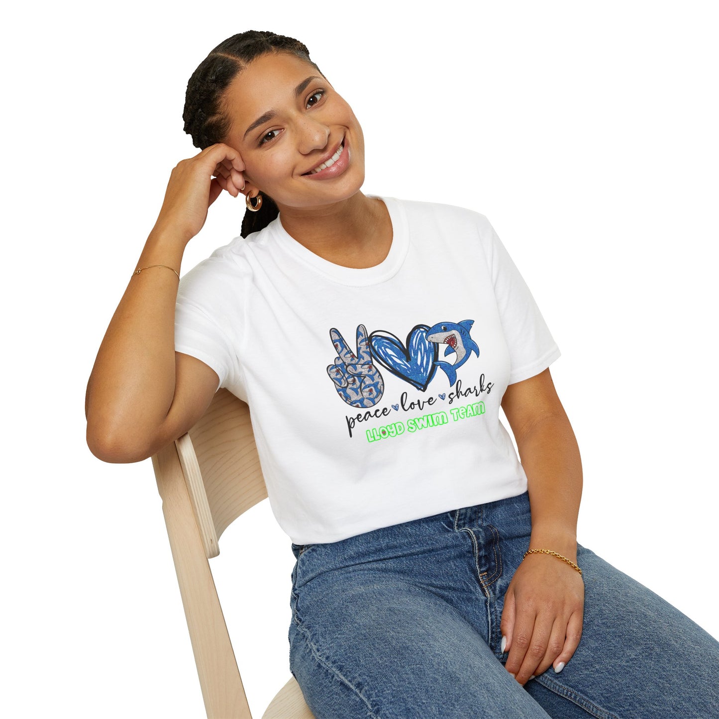 Adult Unisex T-Shirt - Peace Love Sharks - Lloyd Swim Team
