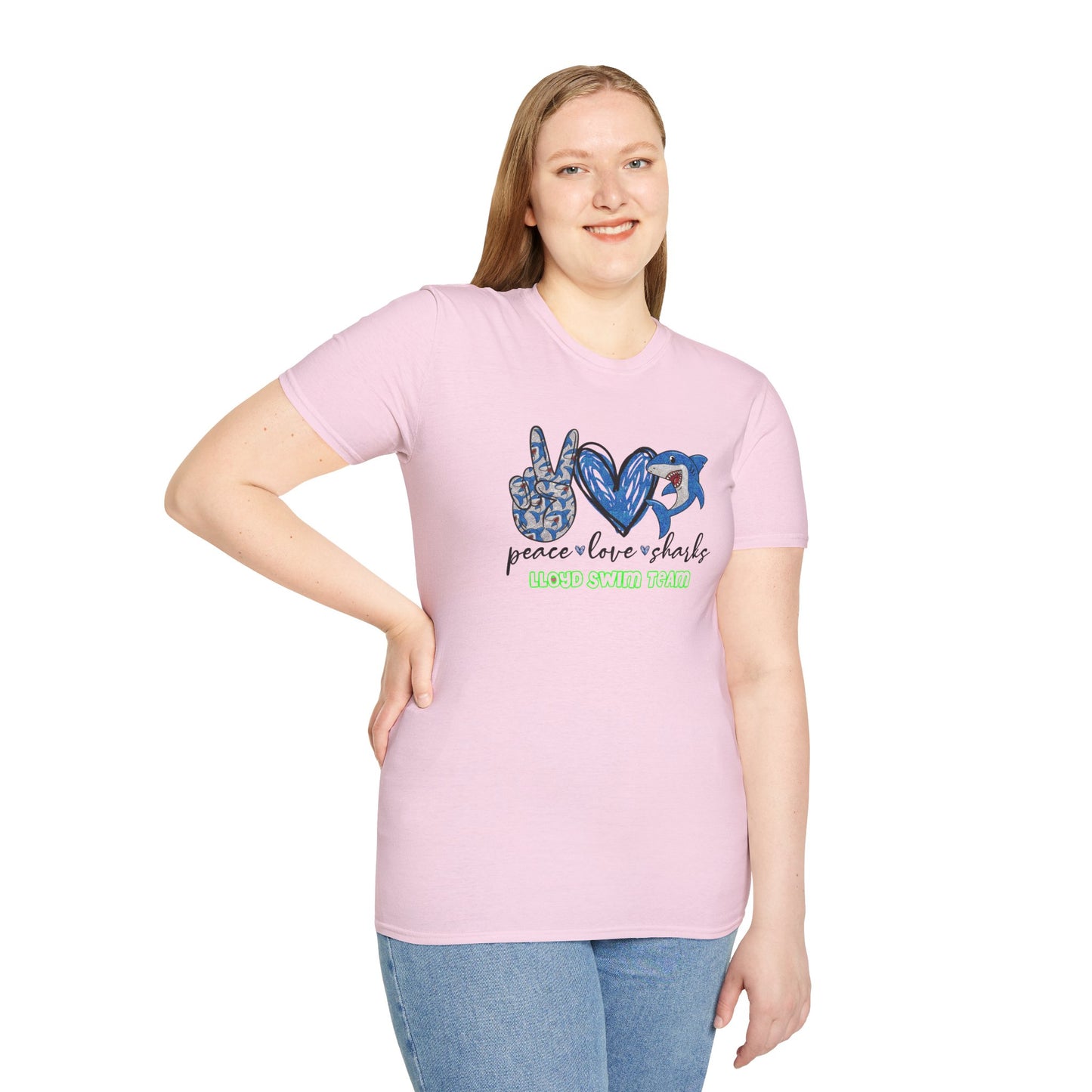 Adult Unisex T-Shirt - Peace Love Sharks - Lloyd Swim Team