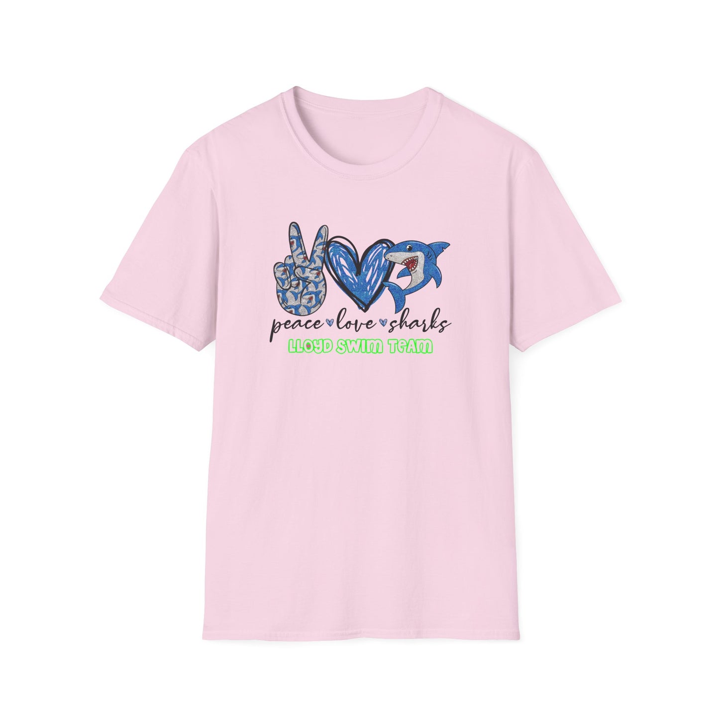 Adult Unisex T-Shirt - Peace Love Sharks - Lloyd Swim Team