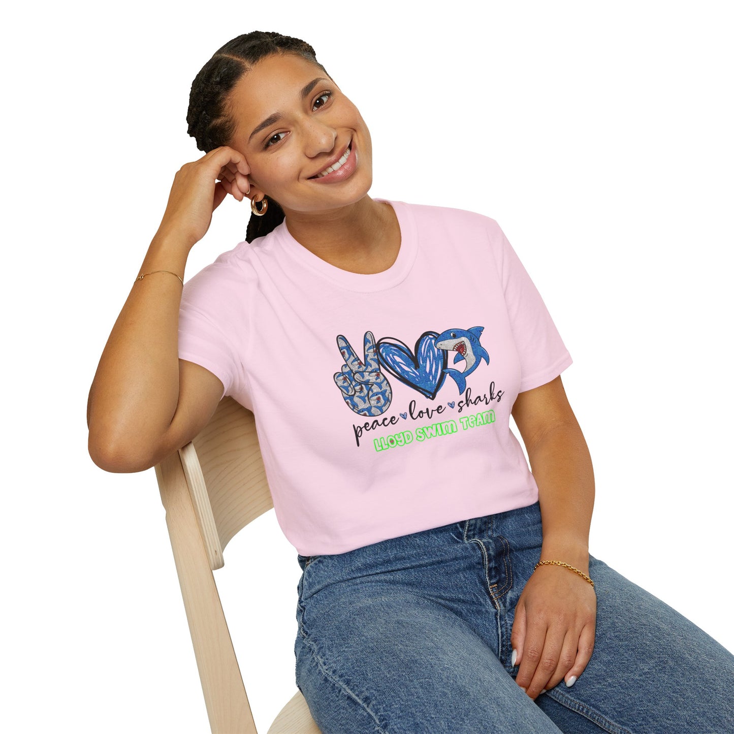 Adult Unisex T-Shirt - Peace Love Sharks - Lloyd Swim Team