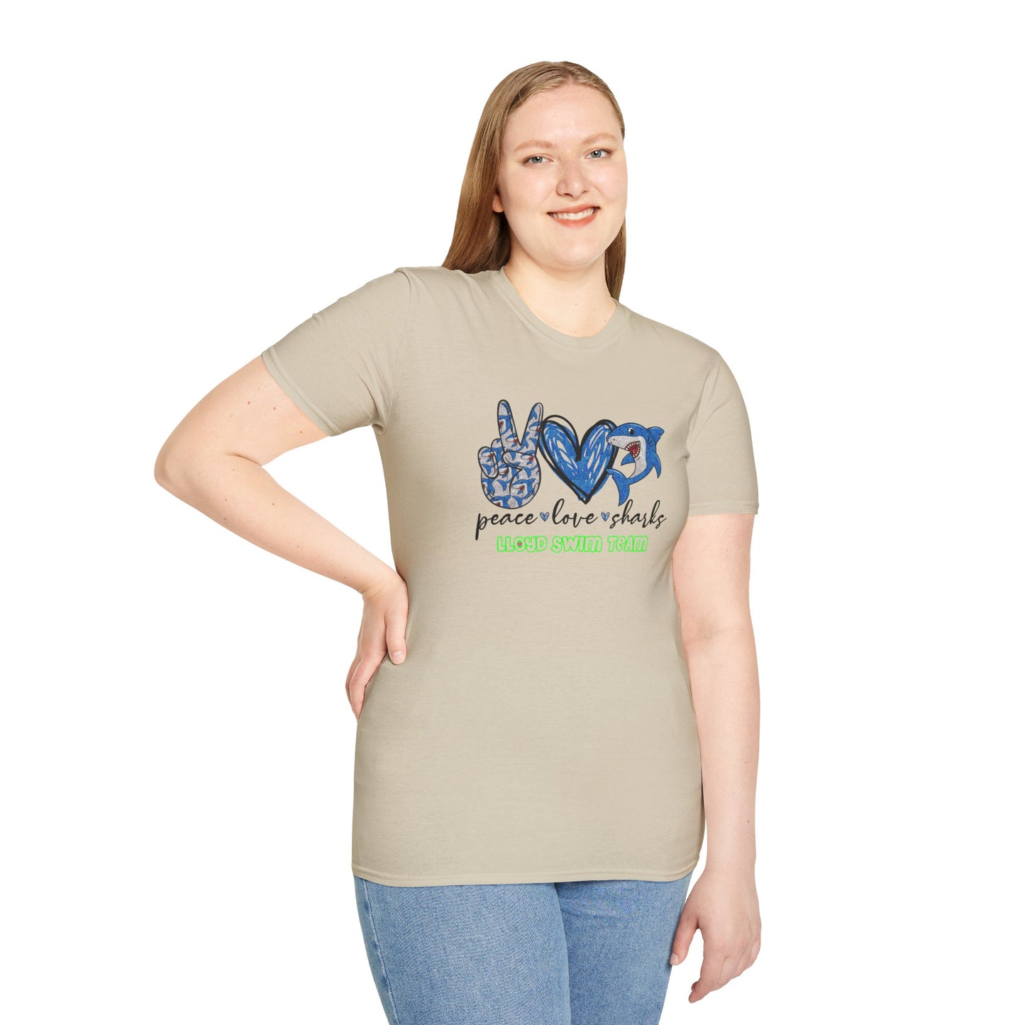 Adult Unisex T-Shirt - Peace Love Sharks - Lloyd Swim Team