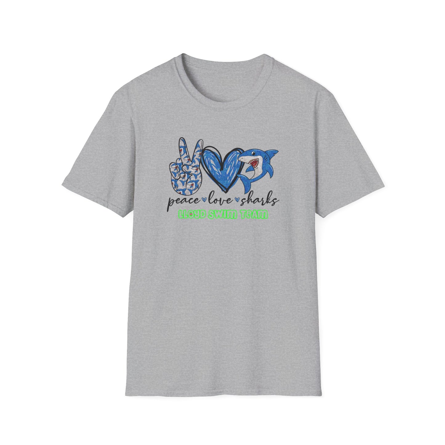 Adult Unisex T-Shirt - Peace Love Sharks - Lloyd Swim Team