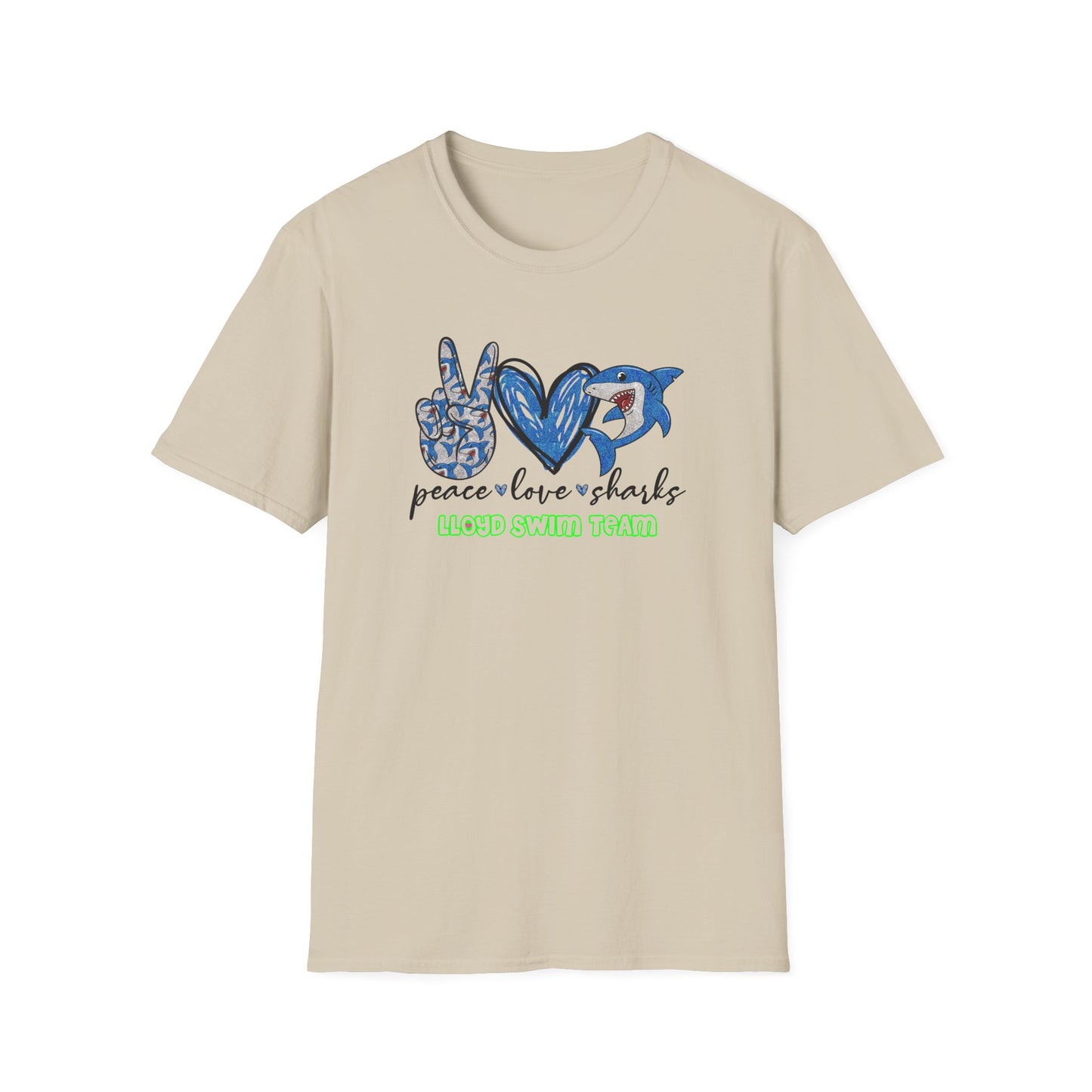 Adult Unisex T-Shirt - Peace Love Sharks - Lloyd Swim Team