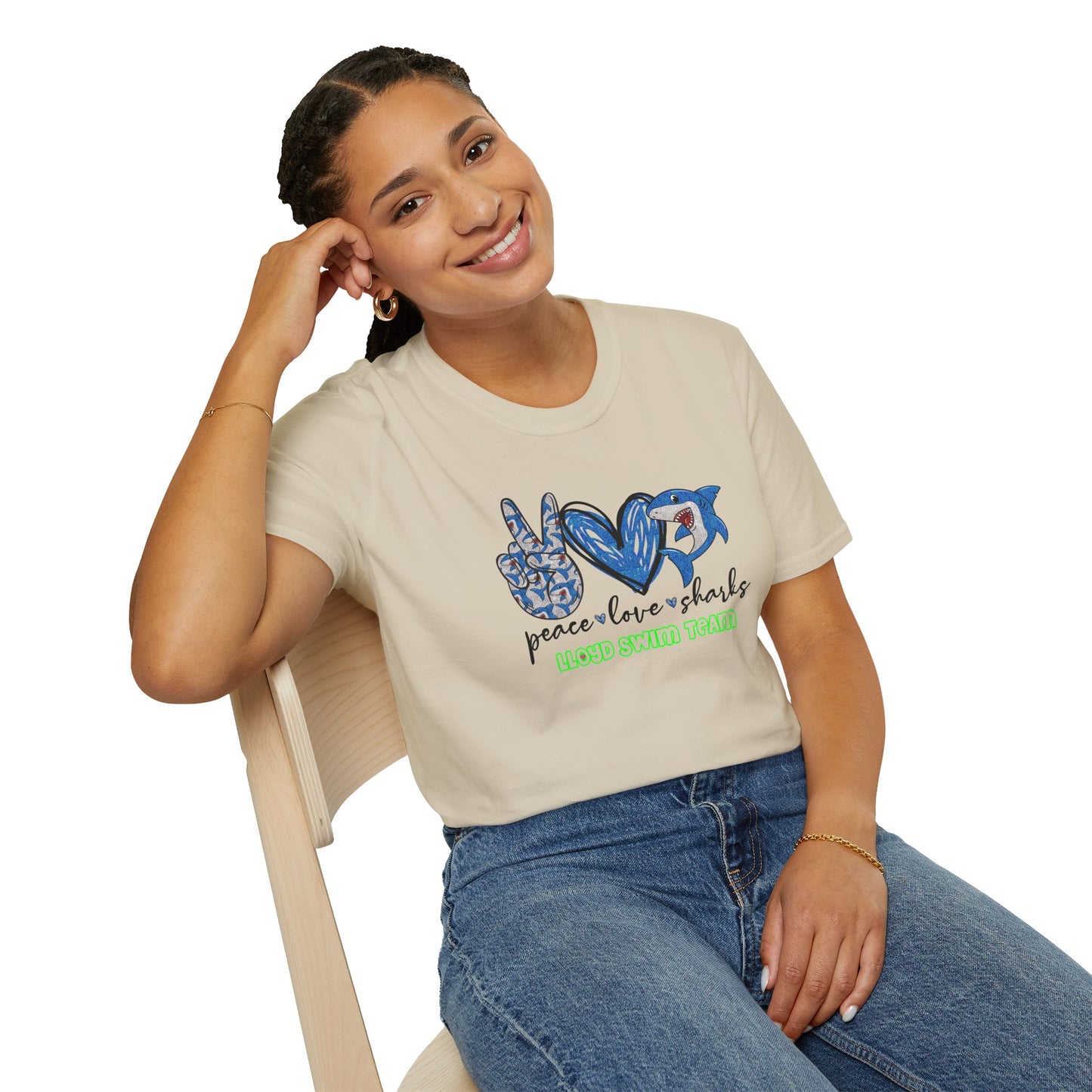 Adult Unisex T-Shirt - Peace Love Sharks - Lloyd Swim Team