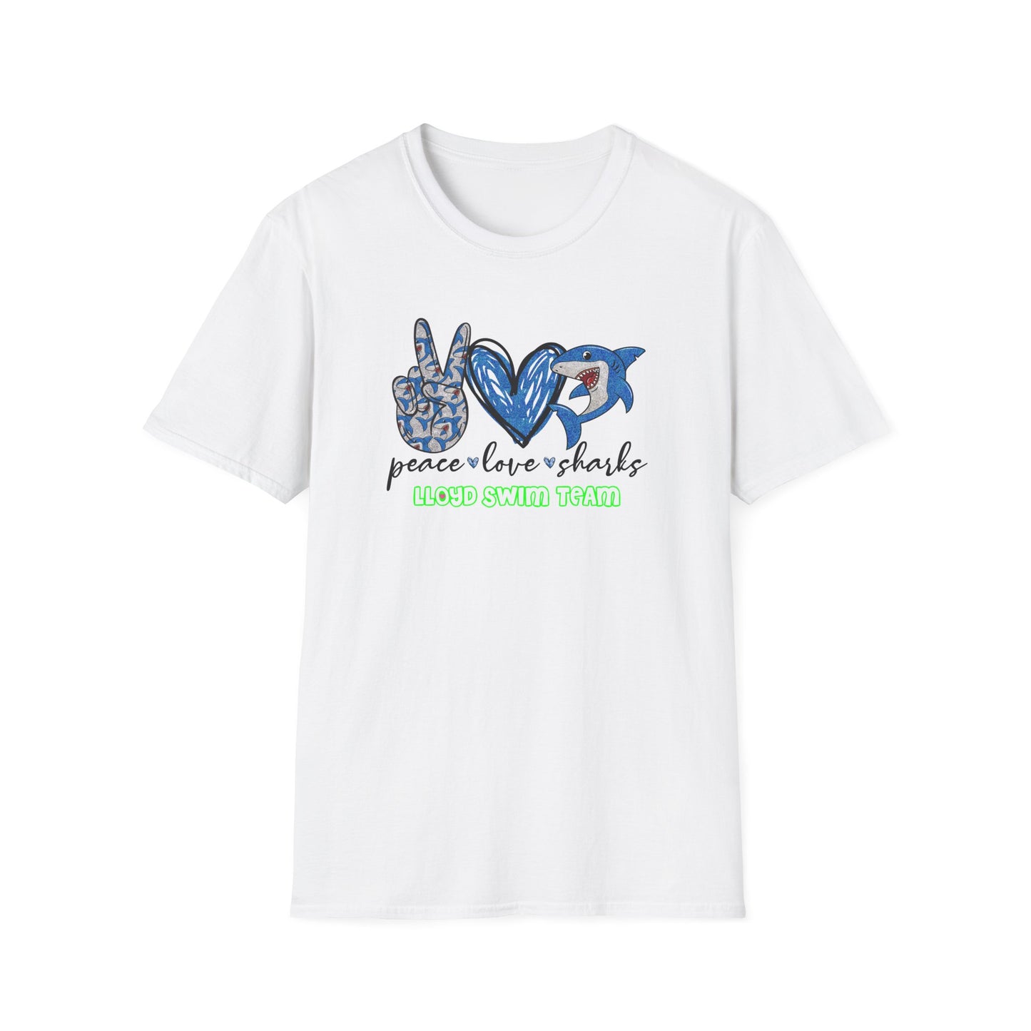 Adult Unisex T-Shirt - Peace Love Sharks - Lloyd Swim Team