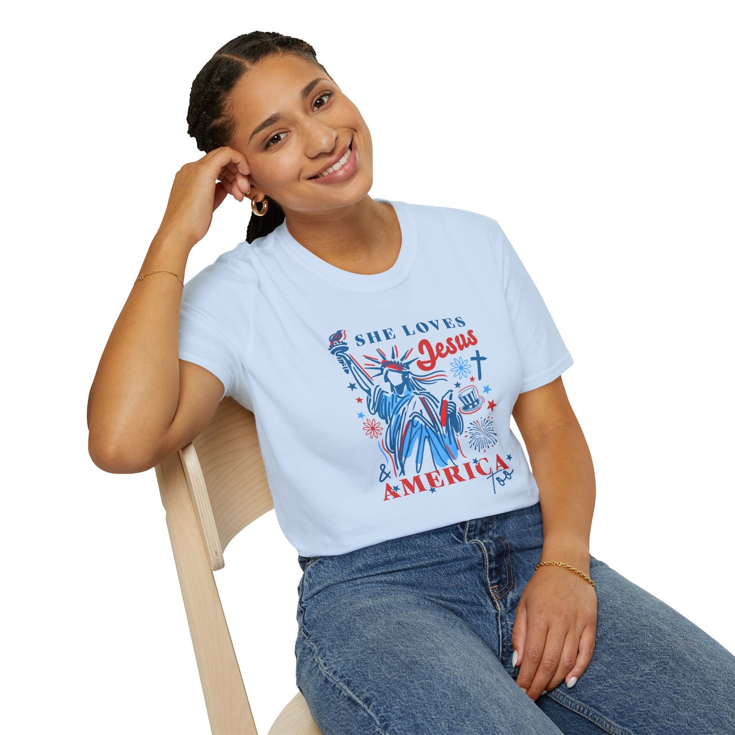 Adult T-Shirt - She Loves Jesus & America Too - 4th of July