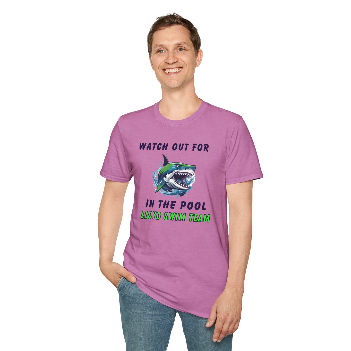 Adult Unisex T-Shirt - Watch Out For Sharks In The Pool - Lloyd Swim Team
