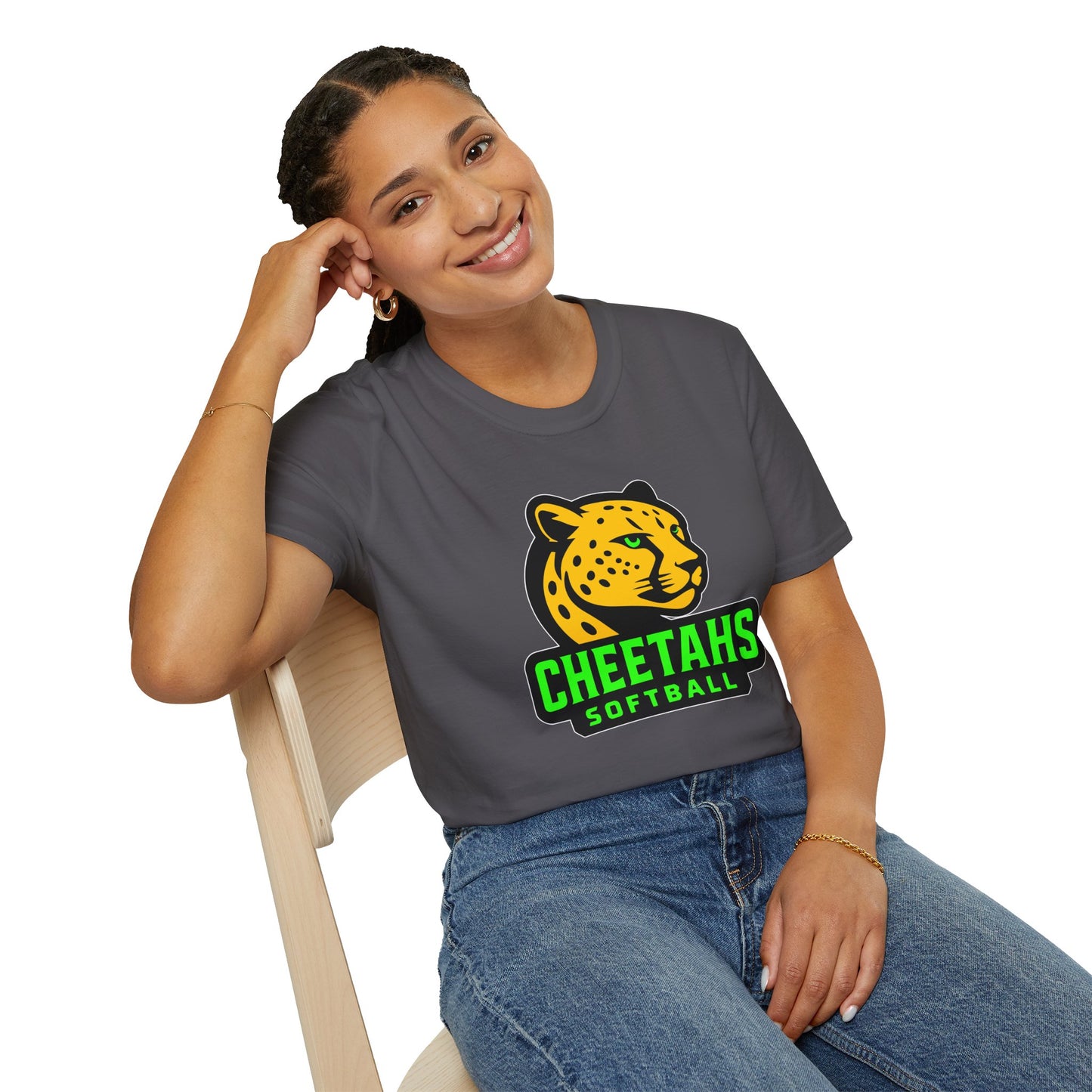 Cheetahs Softball Adult Unisex Softstyle T-Shirt | Spirit Wear | White Outline | Free Shipping