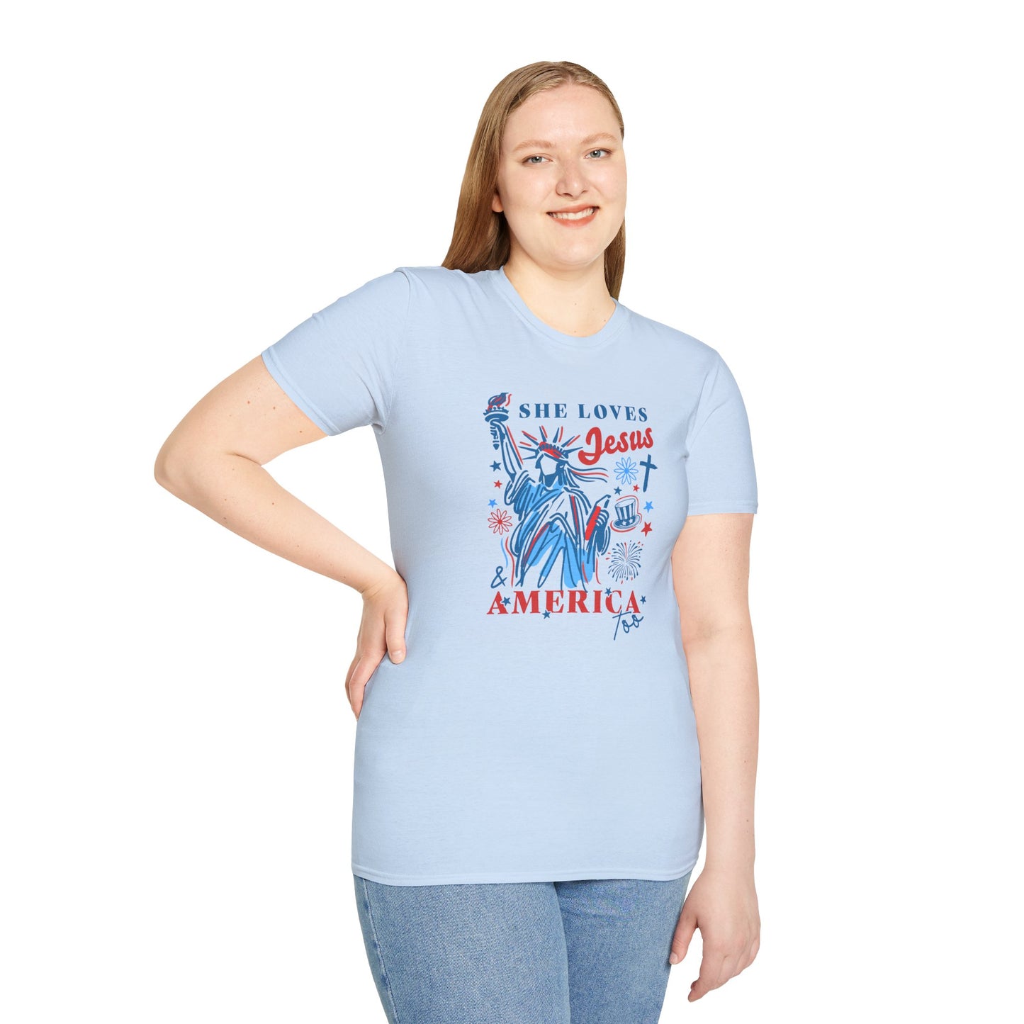 Adult T-Shirt - She Loves Jesus & America Too - 4th of July