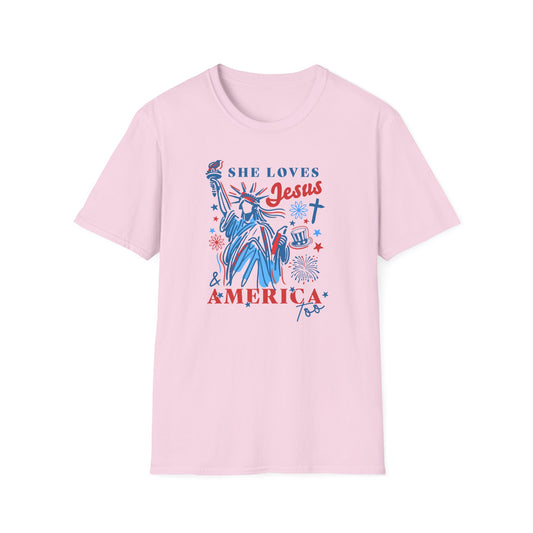 Adult T-Shirt - She Loves Jesus & America Too - 4th of July