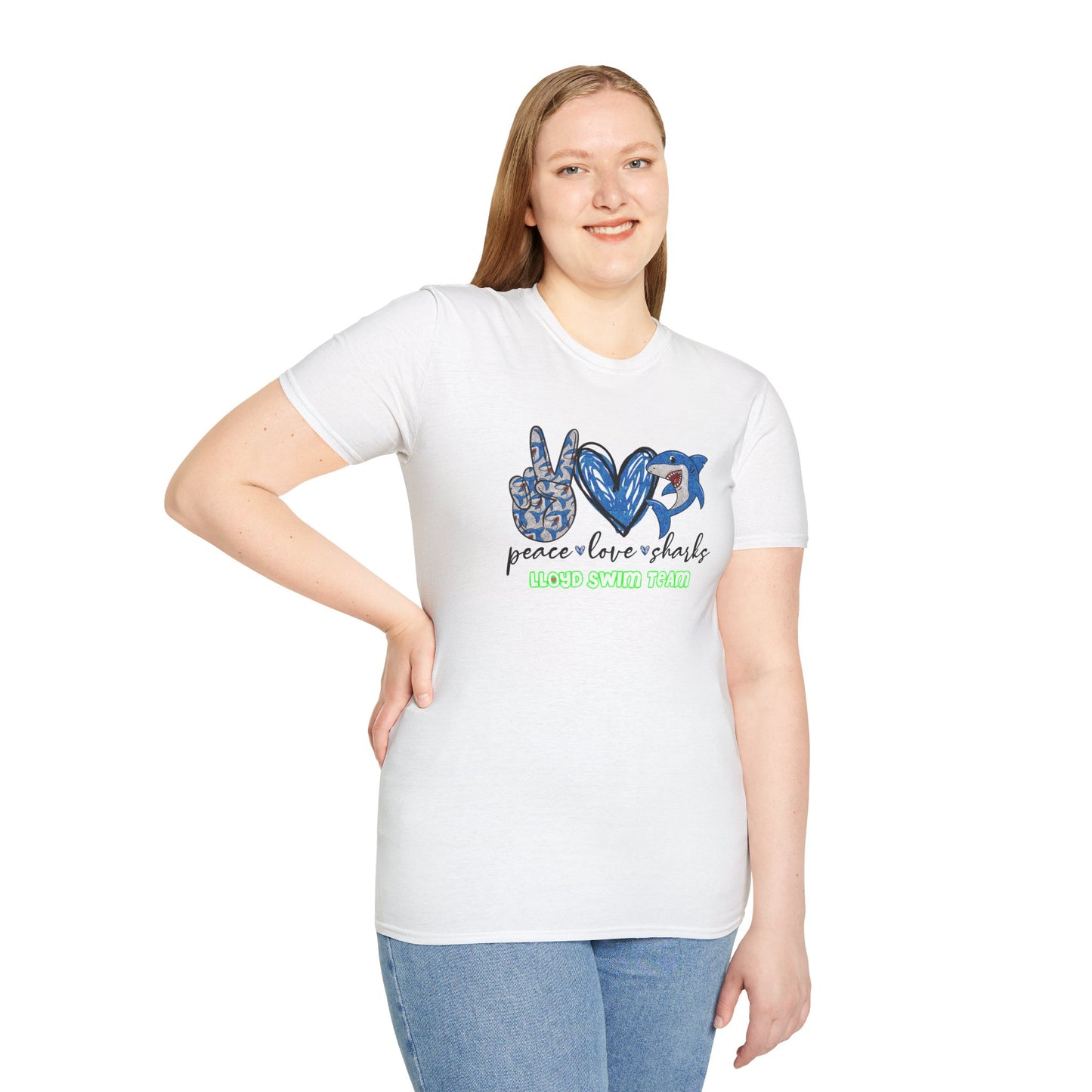Adult Unisex T-Shirt - Peace Love Sharks - Lloyd Swim Team