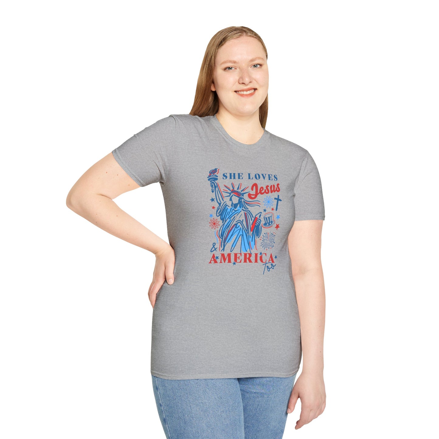 Adult T-Shirt - She Loves Jesus & America Too - 4th of July