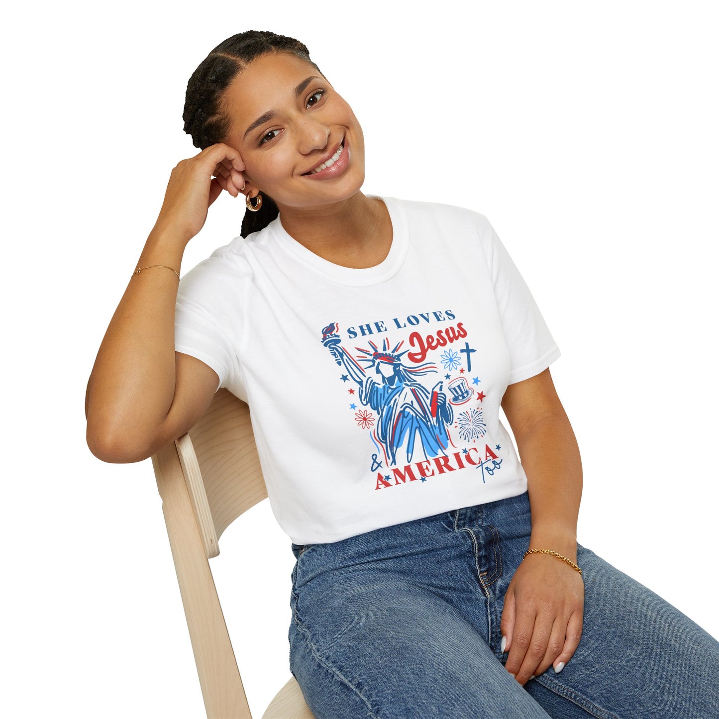 Adult T-Shirt - She Loves Jesus & America Too - 4th of July