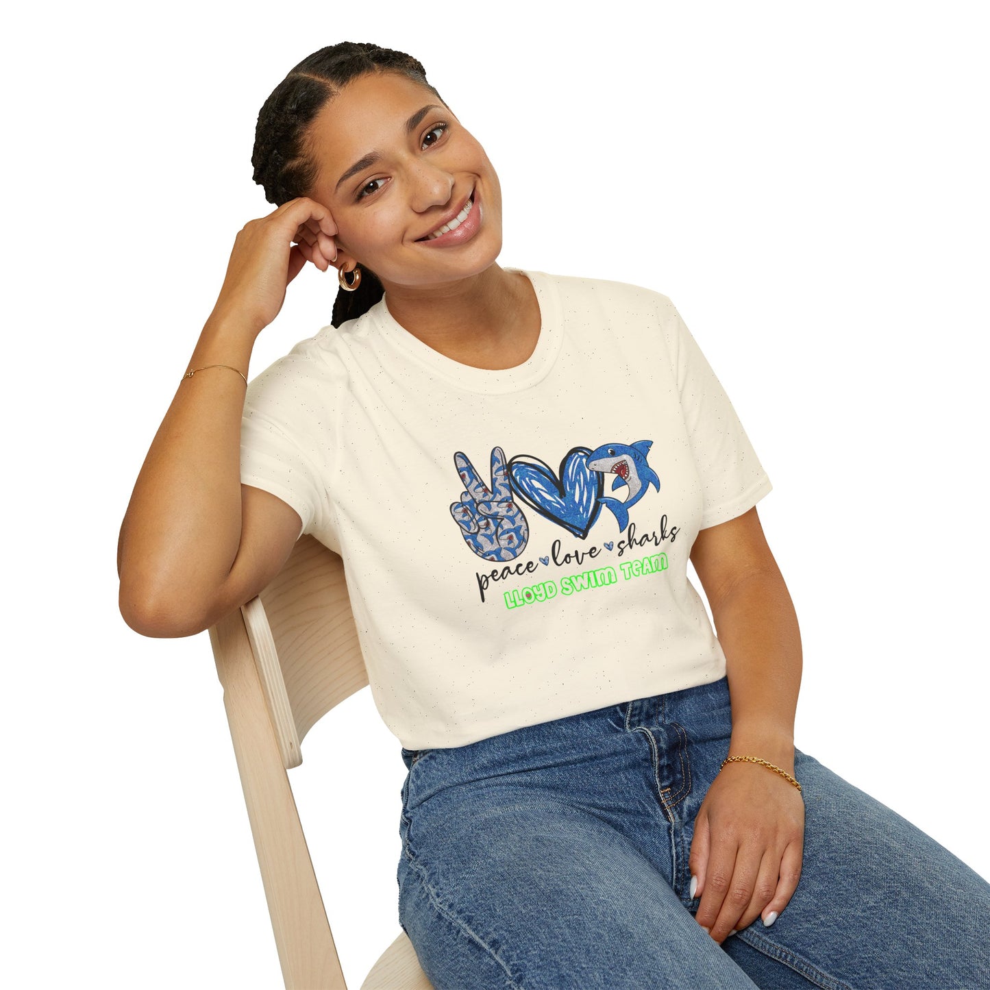Adult Unisex T-Shirt - Peace Love Sharks - Lloyd Swim Team