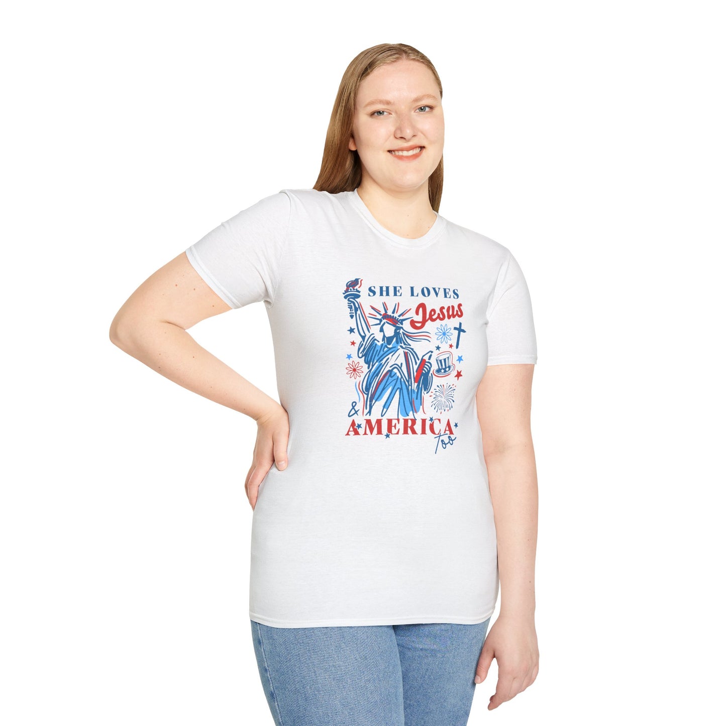 Adult T-Shirt - She Loves Jesus & America Too - 4th of July