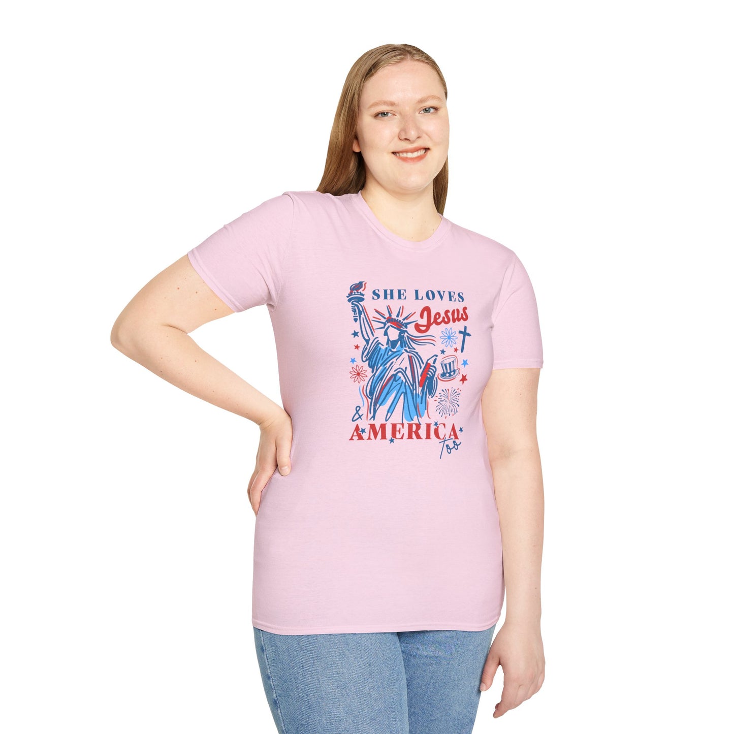 Adult T-Shirt - She Loves Jesus & America Too - 4th of July