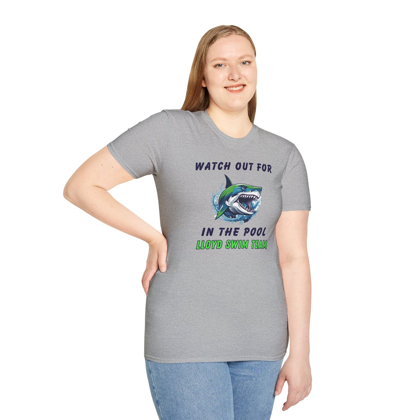 Adult Unisex T-Shirt - Watch Out For Sharks In The Pool - Lloyd Swim Team