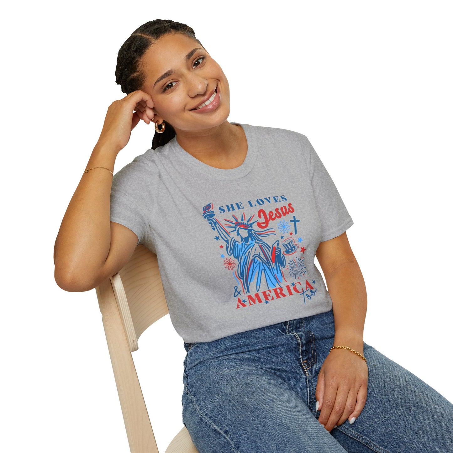 Adult T-Shirt - She Loves Jesus & America Too - 4th of July
