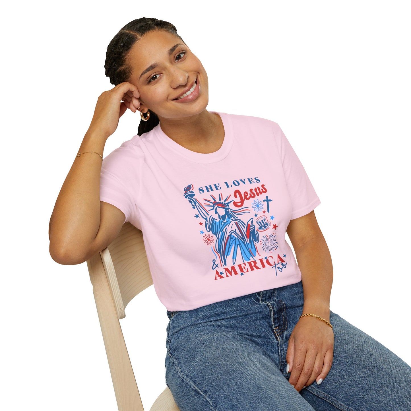 Adult T-Shirt - She Loves Jesus & America Too - 4th of July