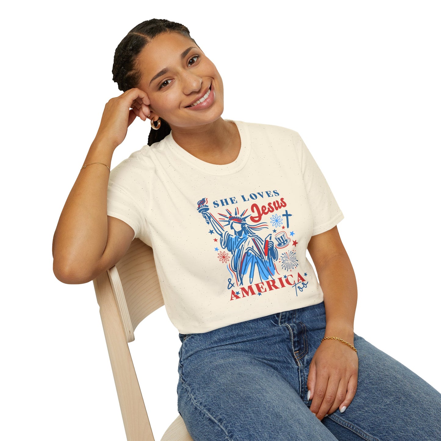 Adult T-Shirt - She Loves Jesus & America Too - 4th of July