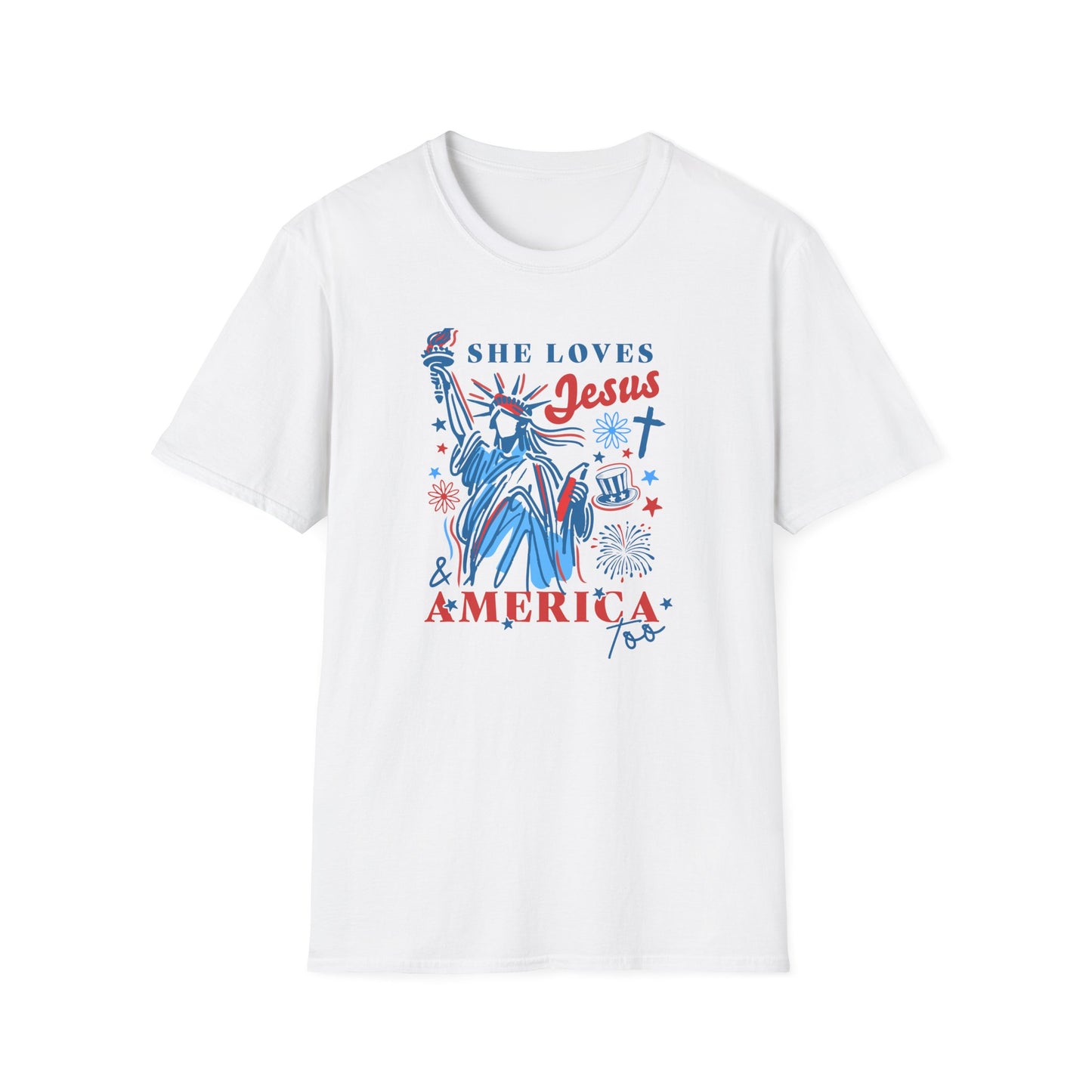 Adult T-Shirt - She Loves Jesus & America Too - 4th of July