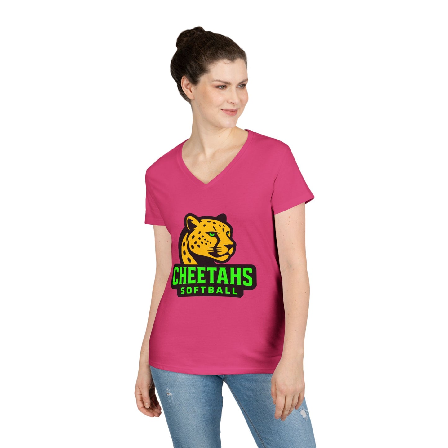 Cheetahs Softball Ladies’ V-Neck T-Shirt | Flattering Semi-Fitted Spirit Wear, Free Shipping