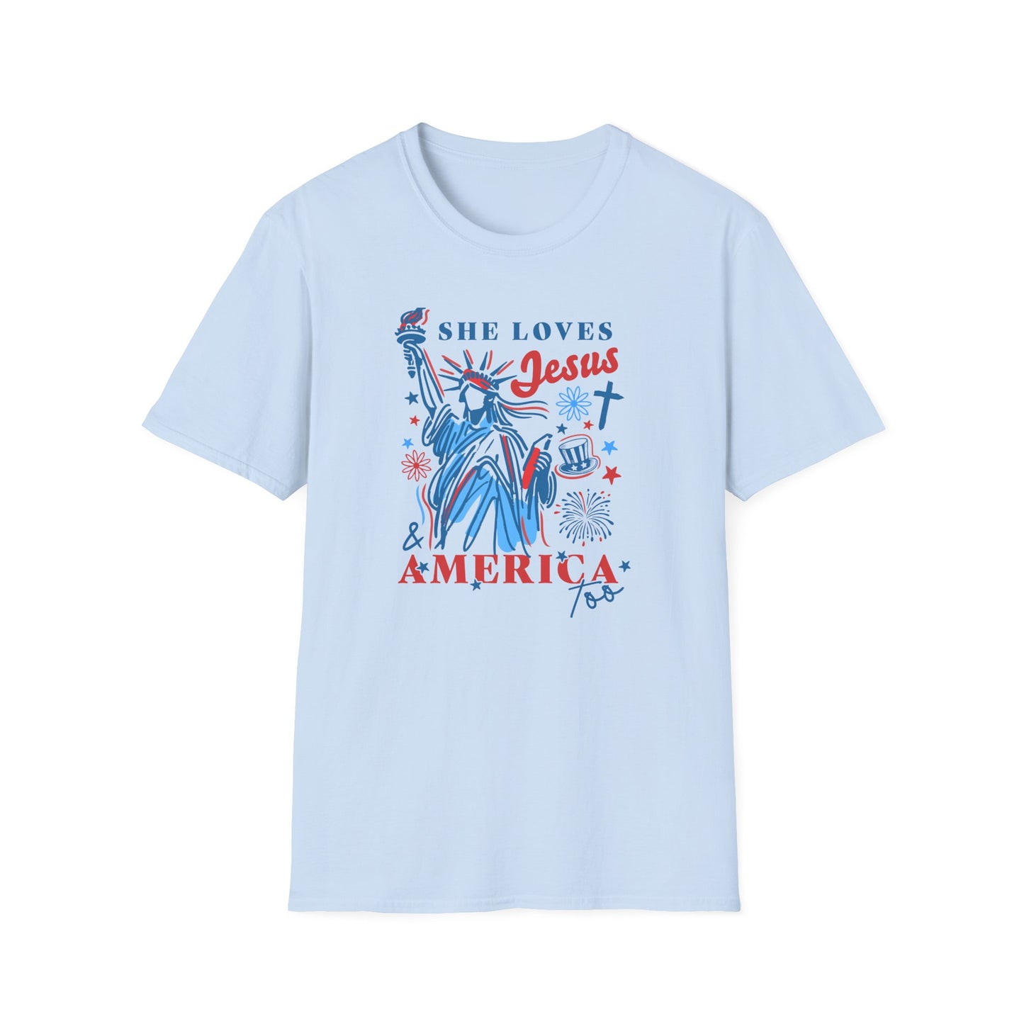Adult T-Shirt - She Loves Jesus & America Too - 4th of July