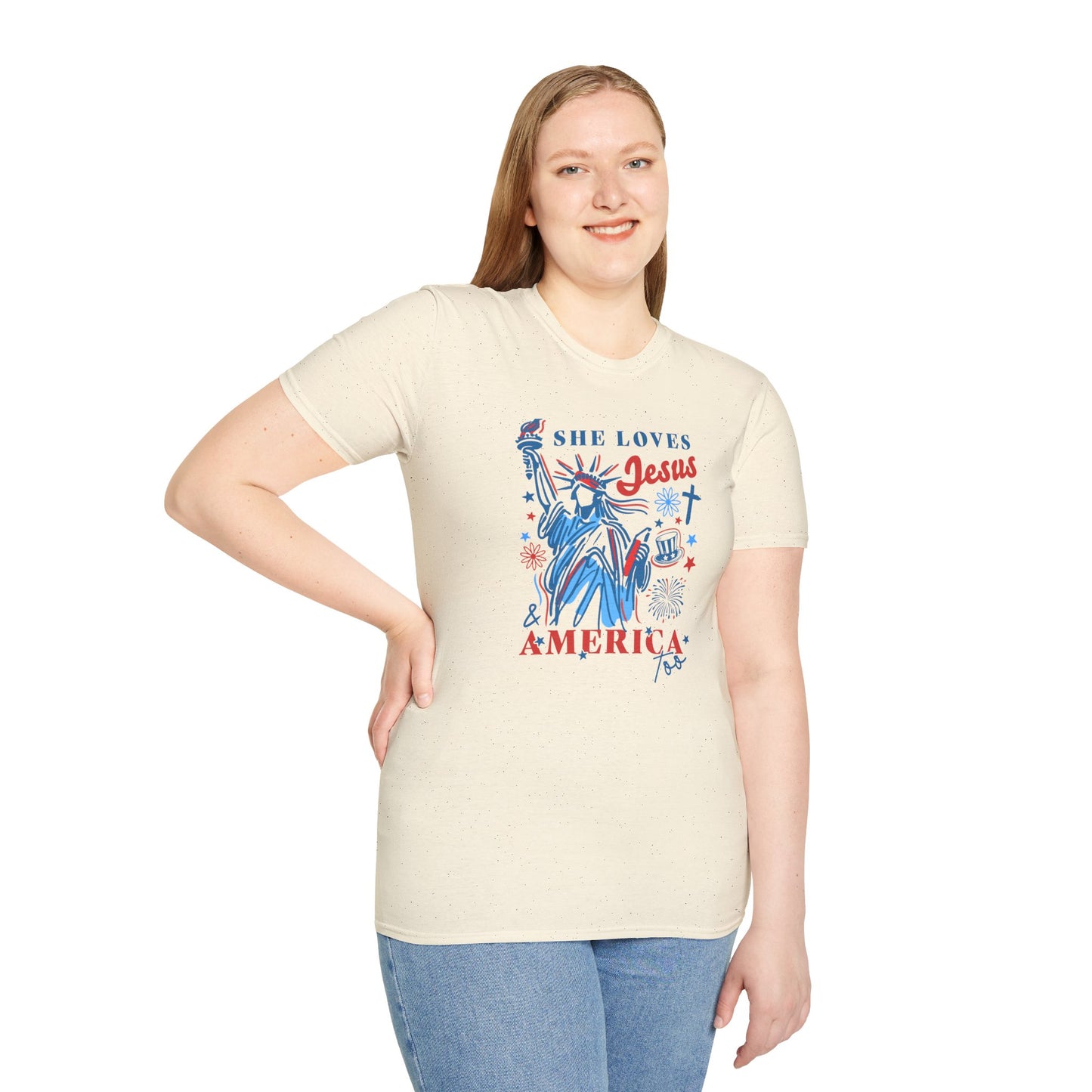Adult T-Shirt - She Loves Jesus & America Too - 4th of July