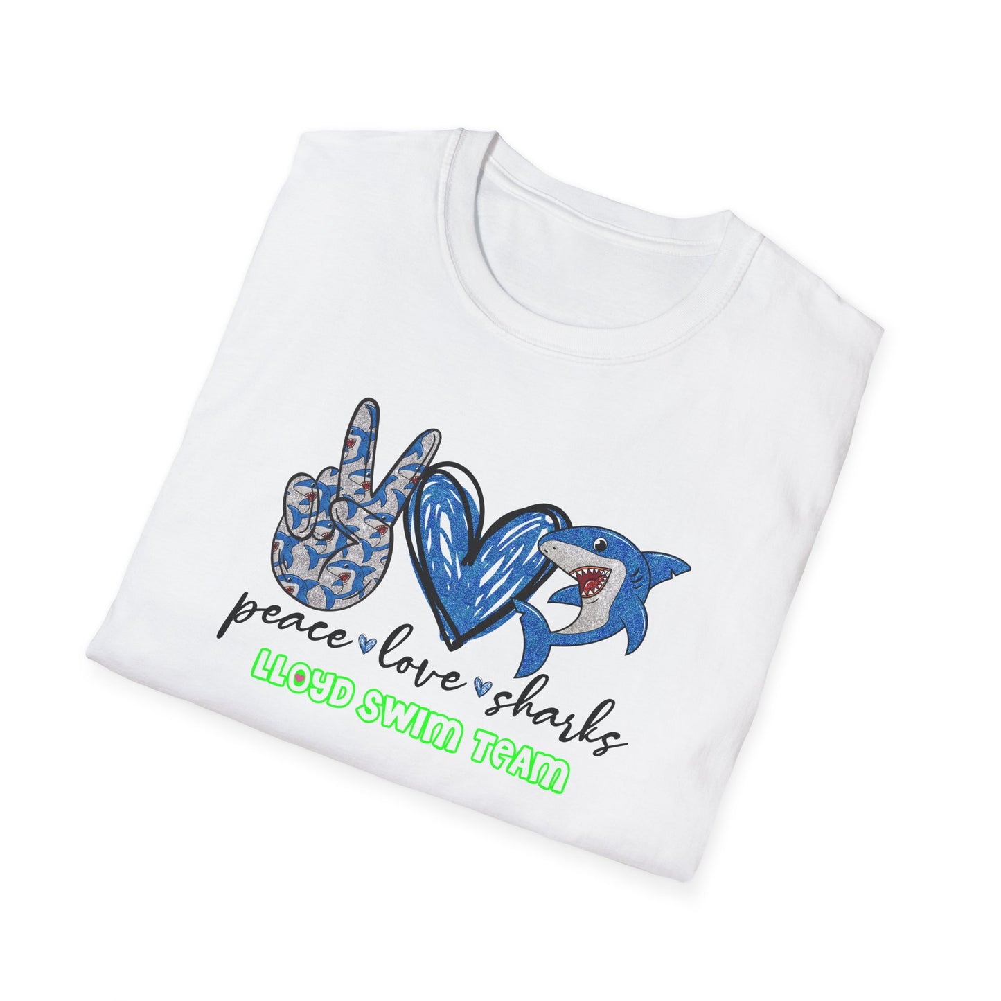 Adult Unisex T-Shirt - Peace Love Sharks - Lloyd Swim Team