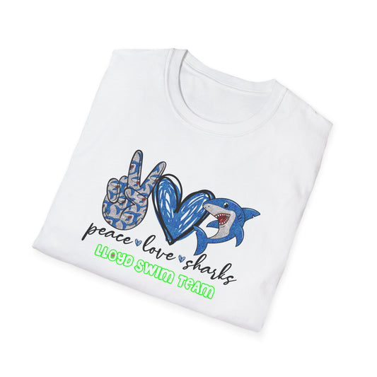 Adult Unisex T-Shirt - Peace Love Sharks - Lloyd Swim Team