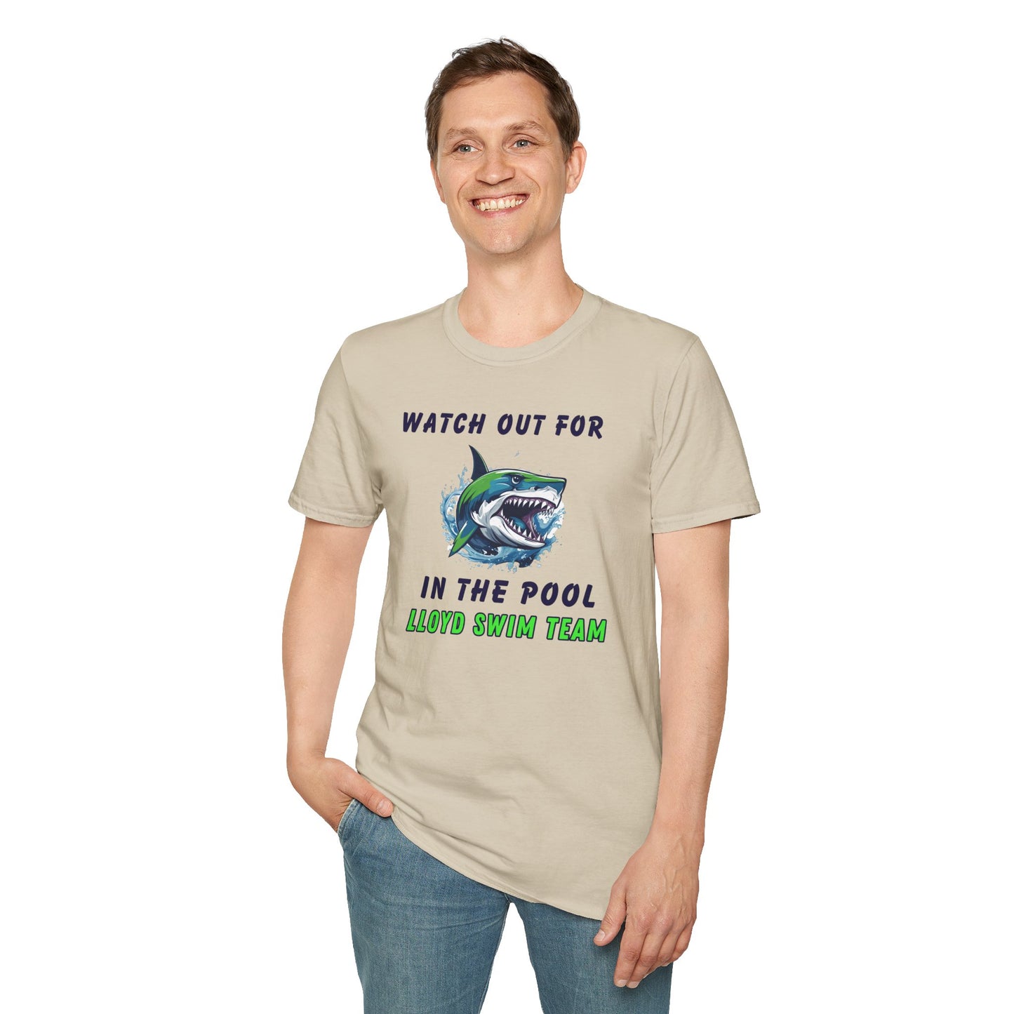 Adult Unisex T-Shirt - Watch Out For Sharks In The Pool - Lloyd Swim Team